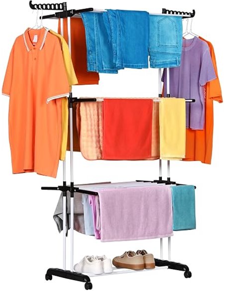 NK Tendedero Vertical Plegable con 4 Niveles - 6 Bandejas Retráctiles + 2 Alas Laterales con Soporte Perchas + Zapatero, Ruedas 