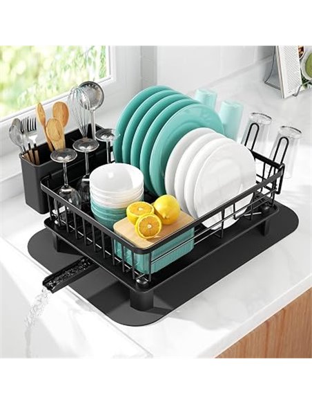 niffgaff Escurridor de platos negro (37.5 * 28 * 14.5 cm), escurridor de acero inoxidable con alfombrilla de secado rápido, sopo