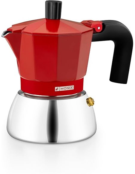 Monix Induction Inox | Cafetera Italiana de Aluminio y Acero Inoxidable, 3 tazas de capacidad, Mango termorresistente, Fácil de 