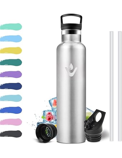 Botella Agua Acero Inoxidable 1L, Aislamiento Térmico de Doble Pared, Botella Termica con Pajita, sin BPA, a Prueba de Fugas, Ca
