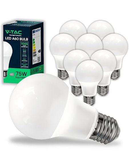 V-TAC 10x Bombillas LED E27, Edison - A60 10,5W (Equivalente a 75W) - 1055 Lumen - 6500K Blanco Frìo - Apertura del Haz de Luz 2