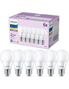 Philips - Classic Matte LED Bulb 4.9W (Eq. 40W) 470 Lumens, E27 Socket, Warm Light (2700K) - Pack of 6 Bulbs