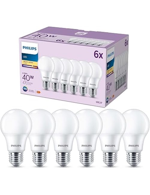 Philips - Classic Matte LED Bulb 4.9W (Eq. 40W) 470 Lumens, E27 Socket, Warm Light (2700K) - Pack of 6 Bulbs