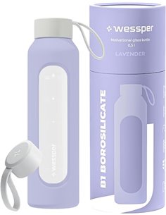 Wessper Botella de Agua Cristal, Botella 500 ml Motivadora con Escala de Hidratación, Botellas de Vidrio Borosilicato con Funda 