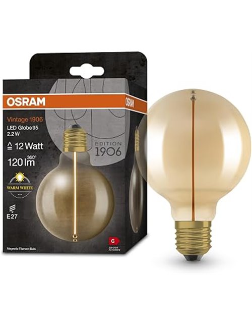 OSRAM Lámpara LED Vintage 1906 Classic Globe95 FIL, E27, esférica, dorada, 2.2W, 120lm, 2700K, luz blanca cálida, muy bajo consu