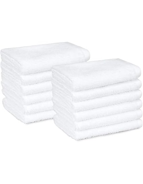Amazon Basics Juego Toallas Baño 100% Algodón Absorbente Toalla Lavabo 30x30 cm, Blanco, Pack 12 Unidades