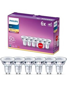 Philips - Bombilla LED cristal 50W, GU10, luz blanca cálida, transparente, no regulable, pack 6 [Clase de eficiencia energética 
