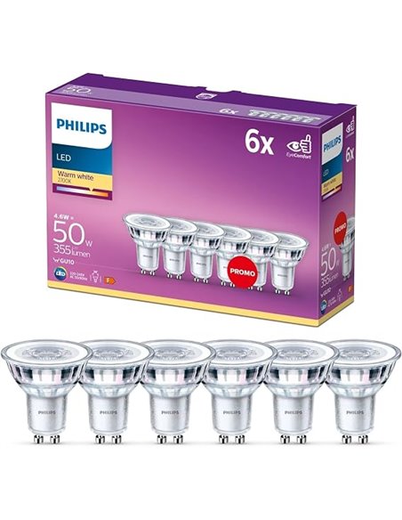 Philips - Bombilla LED cristal 50W, GU10, luz blanca cálida, transparente, no regulable, pack 6 [Clase de eficiencia energética 