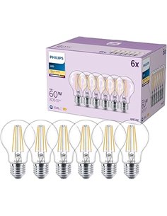 Philips Classic A60 LED Bulb, 60 W, Colourless, E27 Socket, Warm White 2700K, Pack of 6