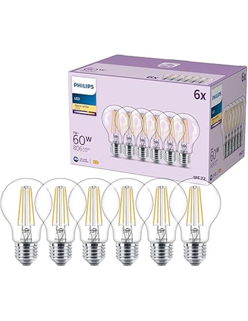 Philips Classic A60 LED Bulb, 60 W, Colourless, E27 Socket, Warm White 2700K, Pack of 6