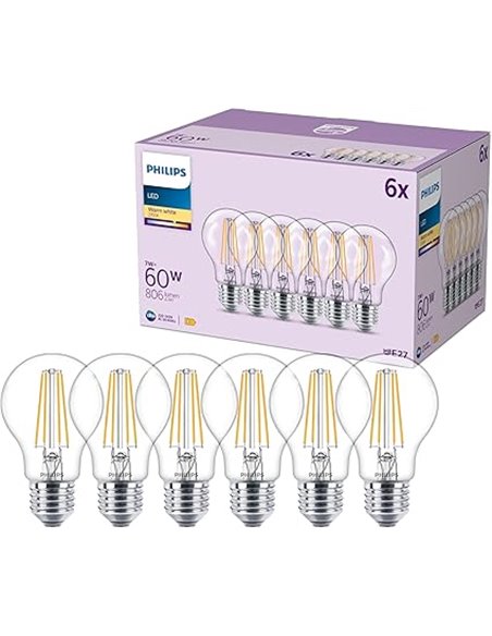 Philips Classic A60 LED Bulb, 60 W, Colourless, E27 Socket, Warm White 2700K, Pack of 6