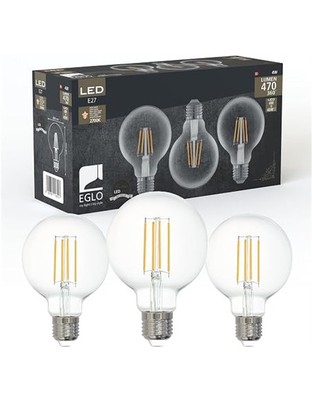 Eglo set de 3 lámparas de filamento LED con casquillo E27, bombillas vintage Edison transparentes, 4 vatios cada una, bombillas 