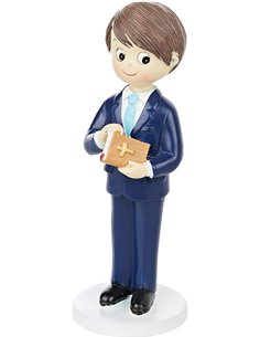 Mopec Figura para Comunión Niño con Traje y Biblia en Mano, Poliresina, Azul Marino, 6.5x6.5x17 cm