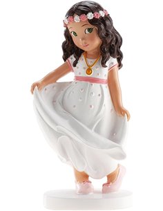 dekora - Figura Decorativa para Primera Comunión - Niña Cinturón Rosa - Elaborada en Resina - Adorno para Tartas - 16 Centímetro