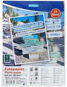 Stylex 40832 - Papel fotográfico, DIN A4, 25 hojas, 180 g/m², brillante, secado rápido, adecuado para todo tipo de impresoras de