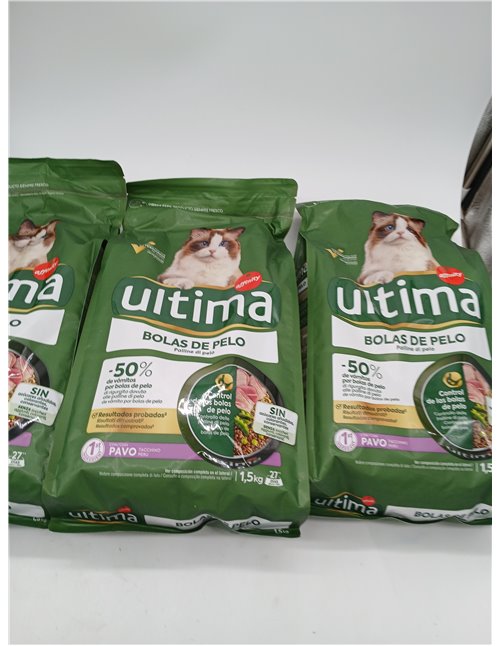 Ultima Bolas de pelo Pavo, Comida seca para gatos, Pack de 4 x 1,5kg, Total 6kg