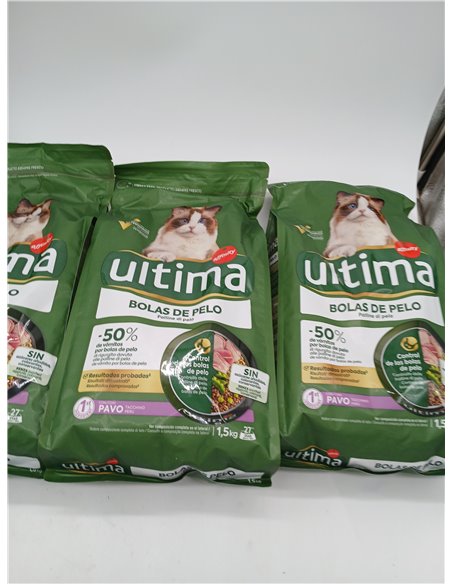 Ultima Bolas de pelo Pavo, Comida seca para gatos, Pack de 4 x 1,5kg, Total 6kg