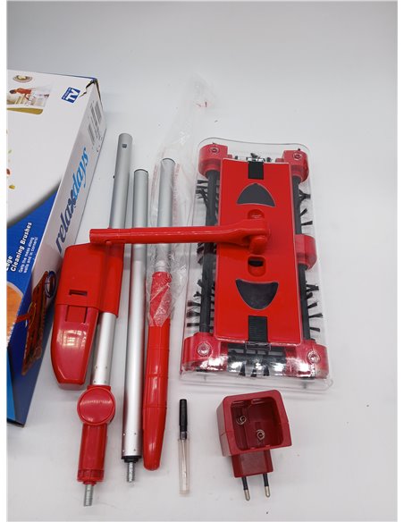 relaxdays Cordless Electric Broom, Rechargeable Battery Sweeping Brush, Adjustable Stick 126 cm, Red/Silver