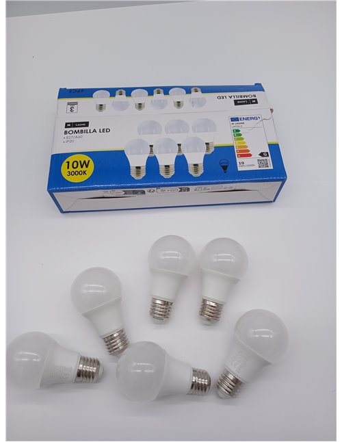 M Ledme - Pack of 6, LED Bulb E27 A60 10W, Warm Light (3000k), E27 Socket, 820 Lumen, IP20, Beam Opening 200°, Energy Efficiency