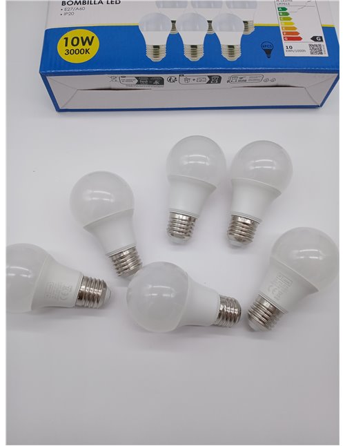 M Ledme - Pack of 6, LED Bulb E27 A60 10W, Warm Light (3000k), E27 Socket, 820 Lumen, IP20, Beam Opening 200°, Energy Efficiency
