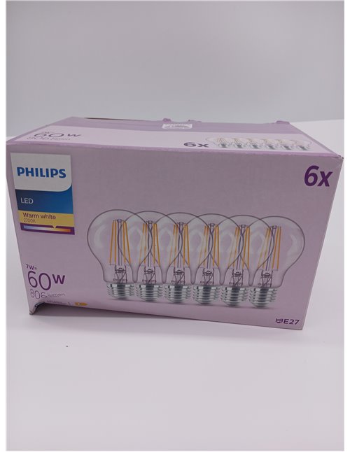 Philips Classic A60 LED Bulb, 60 W, Colourless, E27 Socket, Warm White 2700K, Pack of 6