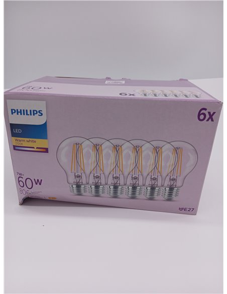 Philips Classic A60 LED Bulb, 60 W, Colourless, E27 Socket, Warm White 2700K, Pack of 6