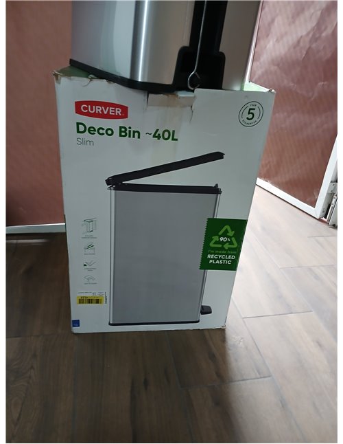 Curver - Cubo de Basura Slim con Pedal 40 L, 42 x 25 x 61 cm, Acabado Color Acero, Tapa con Cierre amortiguado y aro para Bolsa