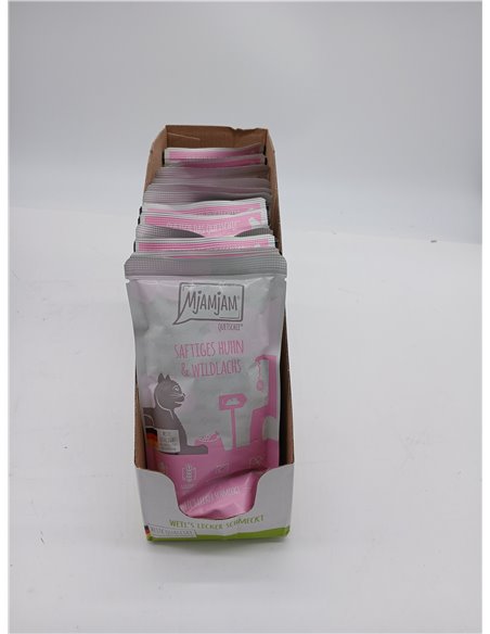 MjAMjAM - comida húmeda premium para gatos - Pollo jugoso y salmón salvaje, pack de 12 (12 x 125 g), sin cereales con extra de c