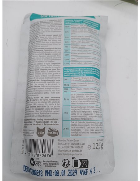 MjAMjAM - comida húmeda premium para gatos - Quetschie - buen pavo con calabaza al vapor, pack de 12 (12 x 125 g), sin cereales 