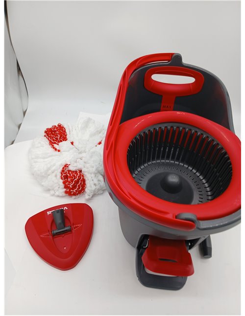 Vileda Turbo Mop Set with Bucket and Pedal, Telescopic Pole 85-123 cm, Rotating Draining, 2 in 1 Microfibre Refill, Grey and Red