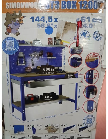 Simon Rack Banco de Trabajo Taller, Capacidad Carga 600 kg, 1445x1210x610 mm, Mesa de Trabajo, 1 Cajón, Antracita/Madera - BT3
