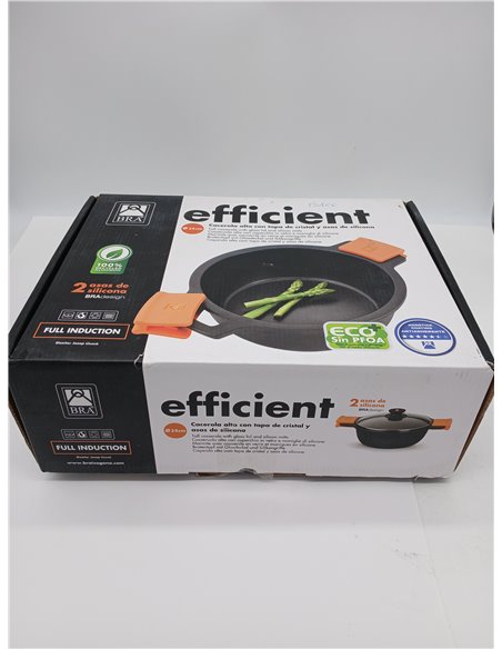 BRA Efficient | Cacerola alta con tapa de cristal y asas de silicona extraíbles, diámetro 24 cm, apta para inducción