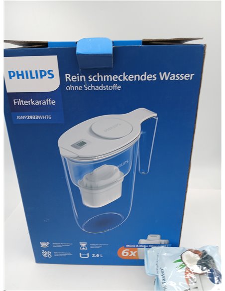 Philips Water Filtro de jarra + 6 cartuchos de filtro de repuesto, Filtración Avanzada, flujo rápido, temporizador electrónico, 