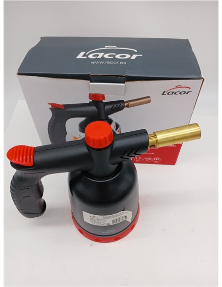 LACOR 68968 Soplete de Cocina, Antorcha Gas Profesional, Encendido Piezoeléctrico, Llama Regulable, Recargable con Cartuchos, Si