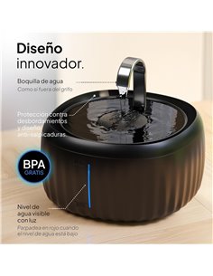 Pretty Paw Fuente de Agua para Gatos 3L con Indicador LED Silenciosa Negro