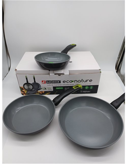 Monix Eco Nature | Set de sartenes 18-22-26 cm, aluminio forjado reciclado, cerámica antiadherente reforzada, apta para todo tip
