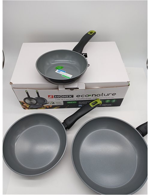 Monix Eco Nature | Set de sartenes 18-22-26 cm, aluminio forjado reciclado, cerámica antiadherente reforzada, apta para todo tip