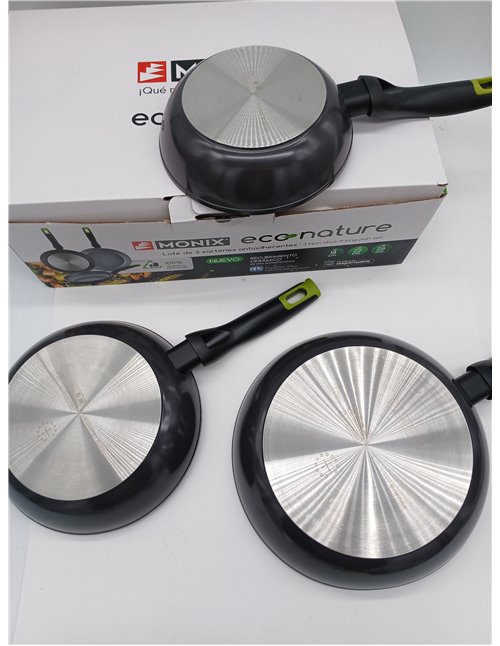Monix Eco Nature | Set de sartenes 18-22-26 cm, aluminio forjado reciclado, cerámica antiadherente reforzada, apta para todo tip