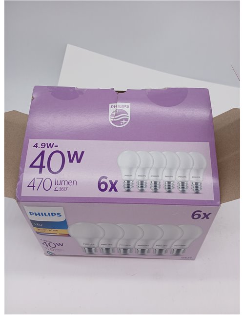 Philips - Classic Matte LED Bulb 4.9W (Eq. 40W) 470 Lumens, E27 Socket, Warm Light (2700K) - Pack of 6 Bulbs