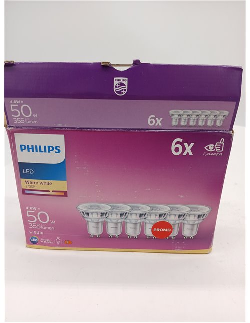 Philips - Bombilla LED cristal 50W, GU10, luz blanca cálida, transparente, no regulable, pack 6 [Clase de eficiencia energética 