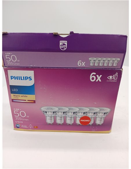 Philips - Bombilla LED cristal 50W, GU10, luz blanca cálida, transparente, no regulable, pack 6 [Clase de eficiencia energética 