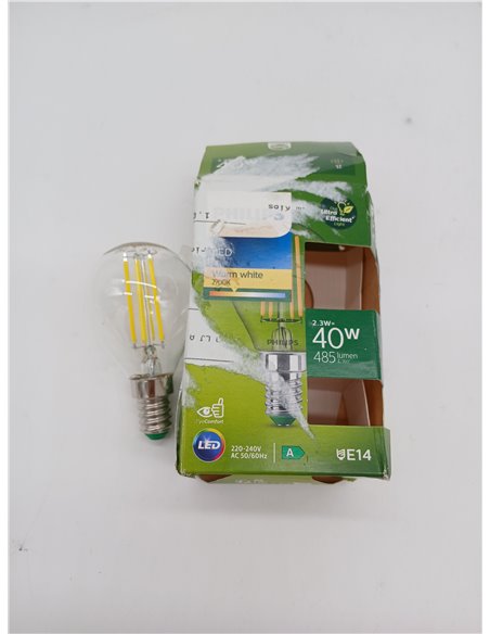 Philips - Bombilla LED tipo vela esférica Philips Ultra Eficiente, Casquillo E14 2.3W - 485 Lúmens, Luz Blanca Cálida (2700k)