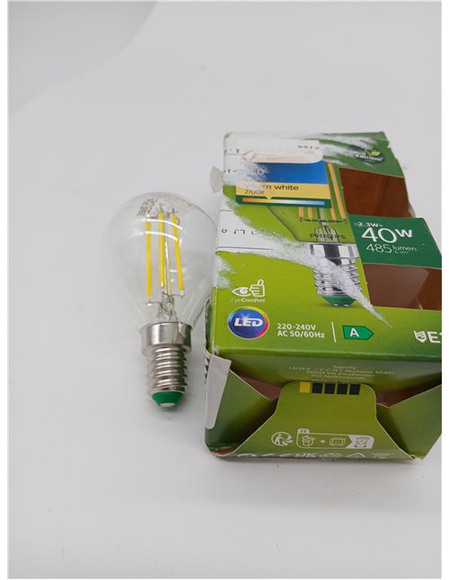 Philips - Bombilla LED tipo vela esférica Philips Ultra Eficiente, Casquillo E14 2.3W - 485 Lúmens, Luz Blanca Cálida (2700k)