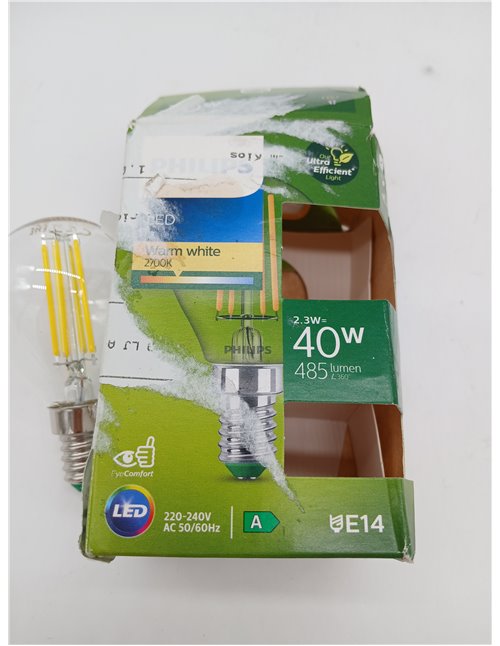 Philips - Bombilla LED tipo vela esférica Philips Ultra Eficiente, Casquillo E14 2.3W - 485 Lúmens, Luz Blanca Cálida (2700k)