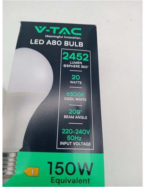 V-TAC Bombilla LED E27 - A80 - 20W (Equivalente a 150W) - 2452 Lumen - 6500K Blanco Frìo - Apertura del Haz de Luz 200° - Máxima