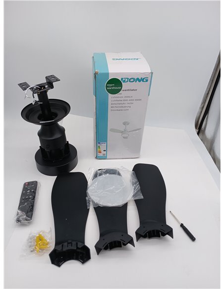 JDONG Ventilador de techo iluminación y mando a distancia 36 W LED Silencioso Lámpara de techo negra Ventilador con temporizador