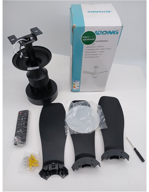 JDONG Ventilador de techo iluminación y mando a distancia 36 W LED Silencioso Lámpara de techo negra Ventilador con temporizador