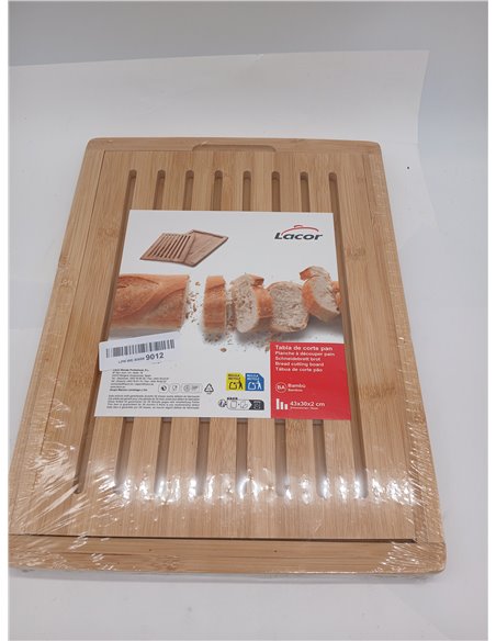 LACOR 60487 Tabla de Cortar Pan de Bambú, Con bandeja recogemigas, Robusta y resistente, 8 Canales horizontales, Beige, 40 x 30 
