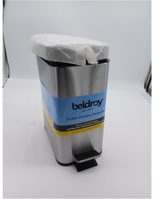 Beldray, acero inoxidable, Cubo de basura rectangular con pedal y tapa de cierre suave, 5 litros, LA041173SS, 5L