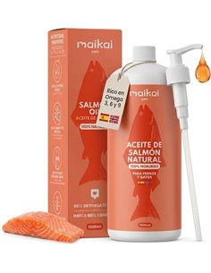 MAIKAI Aceite de Salmón 100% Natural para Perros y Gatos 1L Rico en Omega 3 6 y 9 Refuerza Articulaciones Sistema Inmune y Piel 